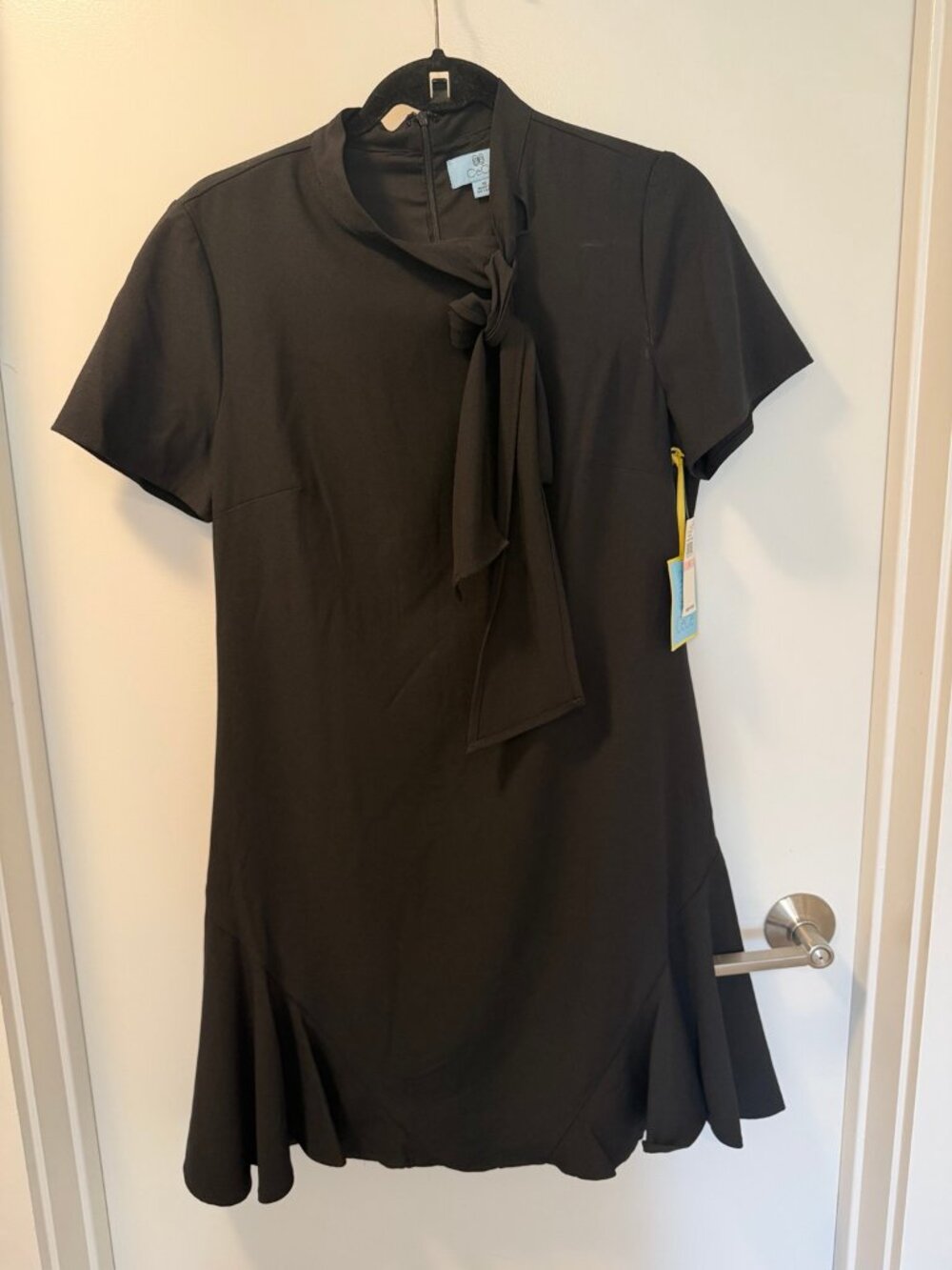 CeCe Black Tie-Neck Short-Sleeve Flared-Hem Dress 10 NWT